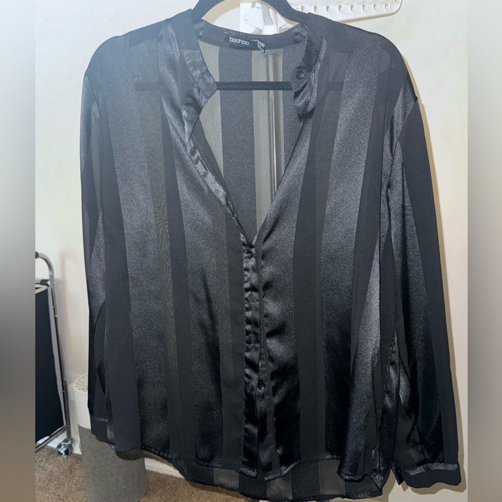 Boohoo Black Satin & Sheer Striped Button Down